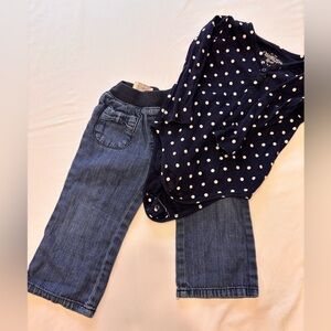 Baby girl outfit 18-24m Place Navy jeans and White Polka Dot long sleeve top
